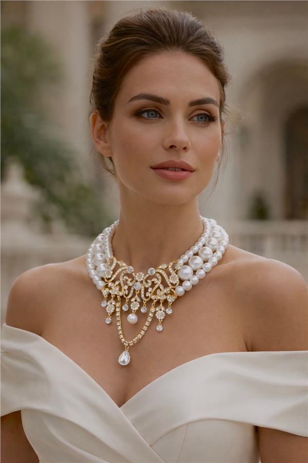 Elizabeth01 Gold ve İnci Detaylı Choker Kolye